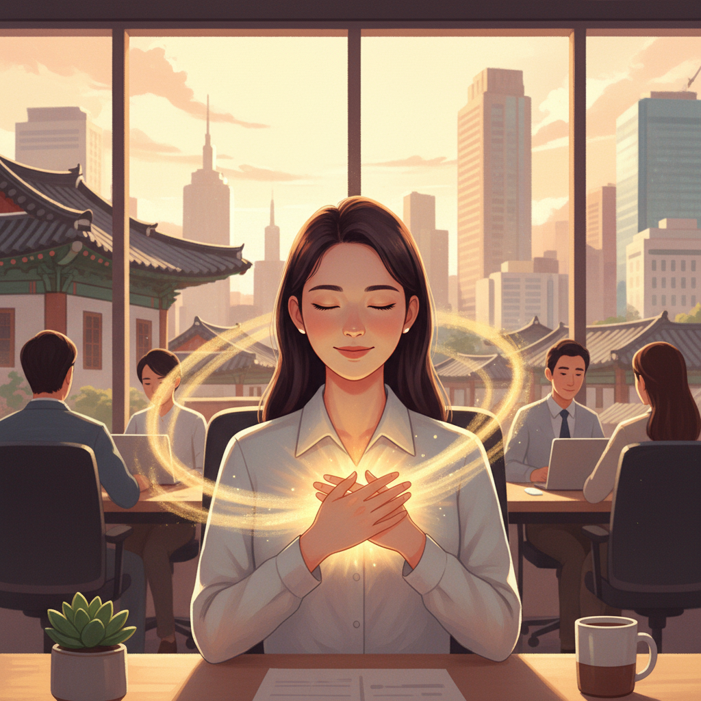 Illustration of a modern office worker realizing inner satisfaction rather than external praise, warm tone, Korean setting, no text.