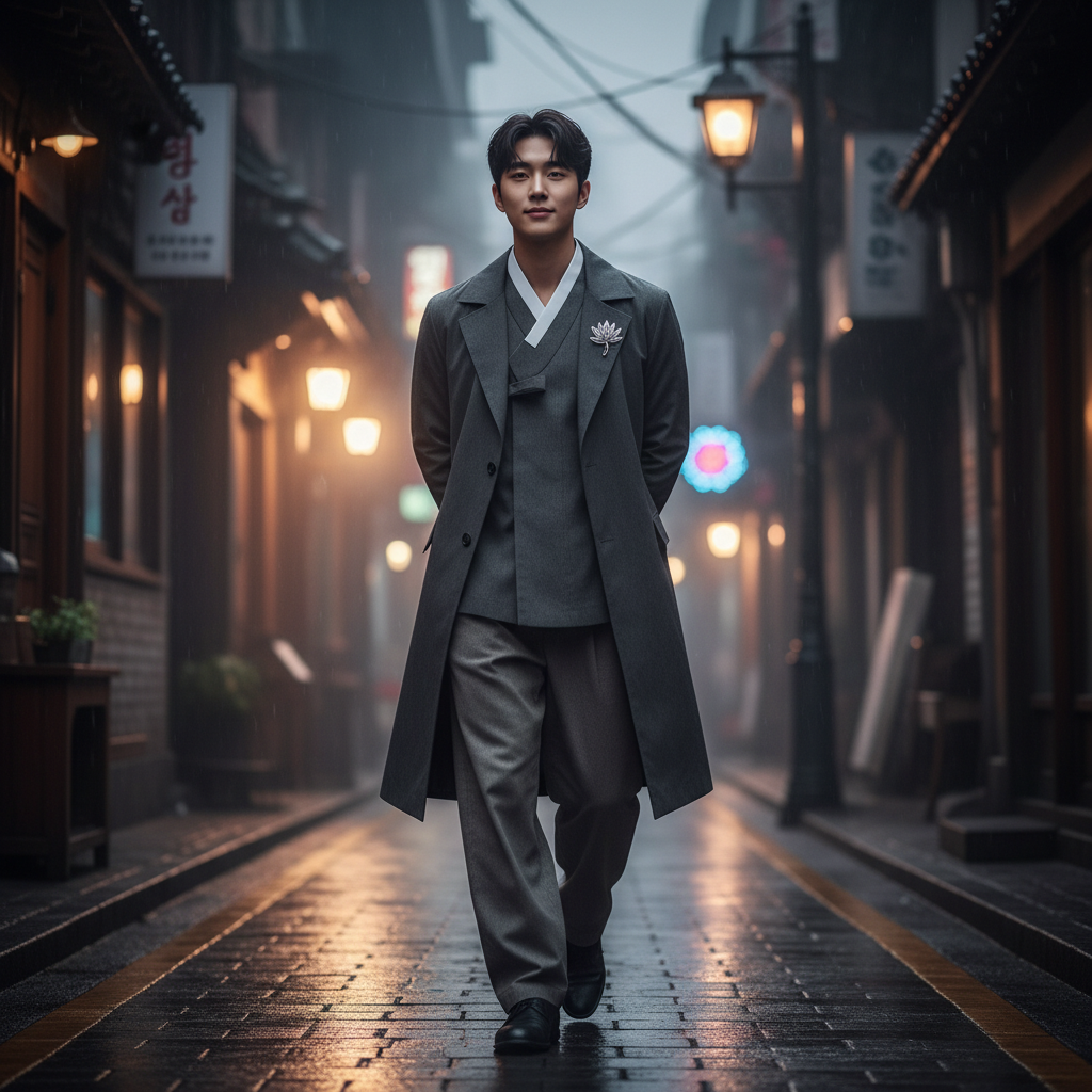 A young Korean person walking confidently through a dim city street, symbolizing inner confidence and humility, cinematic lighting, no text.