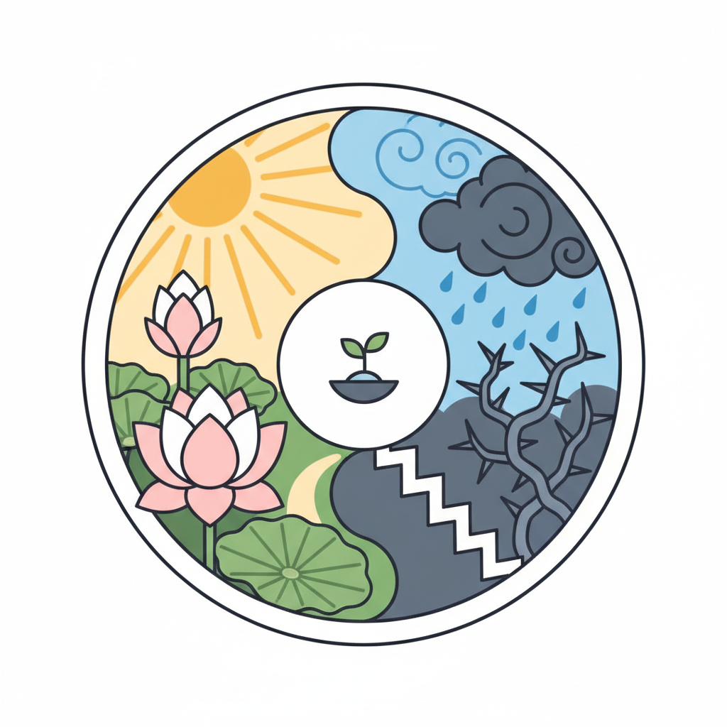 An illustrative depiction of 'Hosa Dama', showing two contrasting scenes in balance: one with positive elements like a blooming flower and sunshine, and another with challenging elements like rain clouds and thorny bushes, all within a circular or yin-yang like symbol. The overall feeling should be philosophical and balanced. Style: clean infographic illustration. No text.