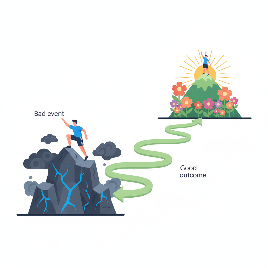 An illustrative infographic showing a person overcoming an obstacle (symbolizing 'bad event') and then reaching a higher, more successful point (symbolizing 'good outcome'). The obstacle could be a jagged rock or a stormy cloud, and the successful point could be a sunny peak or a blooming garden. Use clear, encouraging visuals with a clean style. No text.