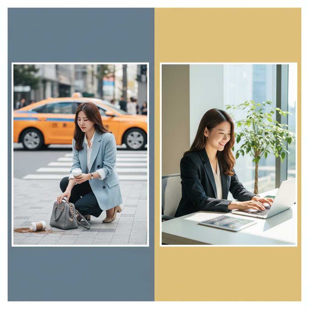 A modern Korean person gracefully navigating daily challenges and successes. One side of the image could show a slight setback (e.g., a dropped coffee, a minor delay), while the other side shows a positive outcome (e.g., a productive work session, a moment of joy), all within a balanced and calm composition. Emphasize resilience and positive outlook. Style: lifestyle photography. No text.