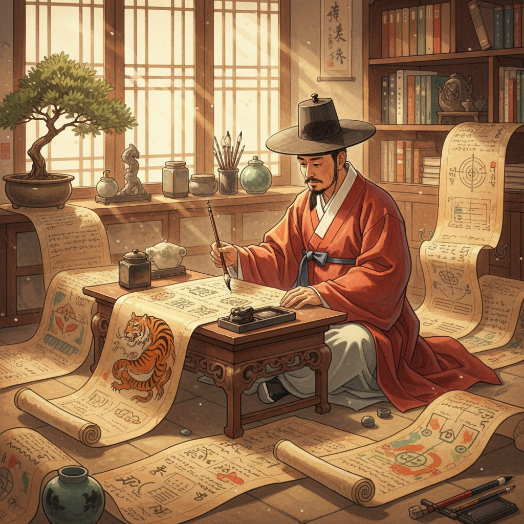 illustration of traditional Korean scholar writing strategy scrolls symbolizing “schemes and power tactics,” warm tone, natural lighting, no text