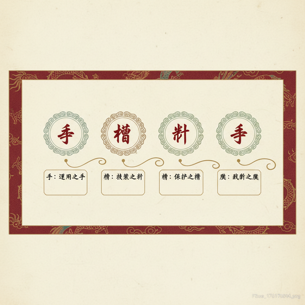 clean infographic showing the four Chinese characters of “kwon-mo-sul-su,” explaining meaning with traditional design, no text in English, elegant style