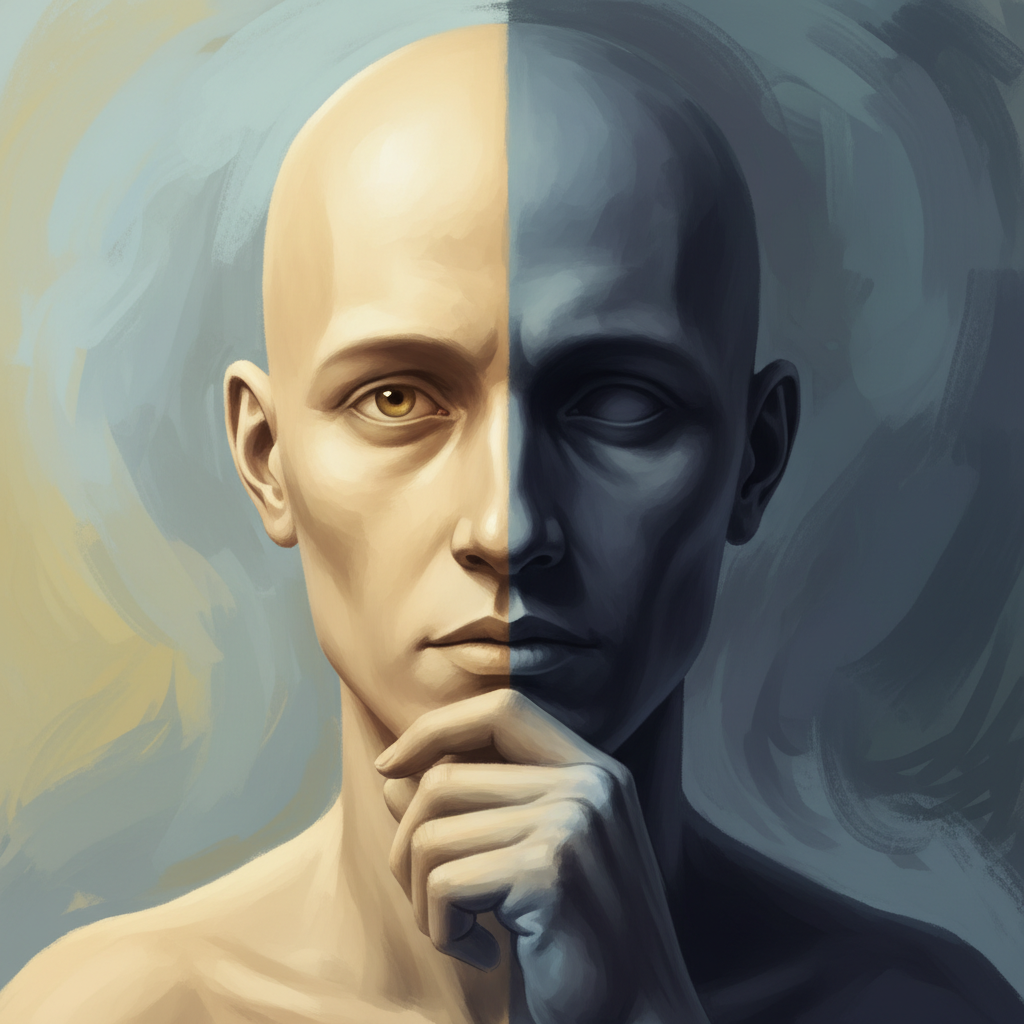 balanced illustration showing light and shadow splitting a thinker’s face, symbolizing moral duality, soft lighting, no text
