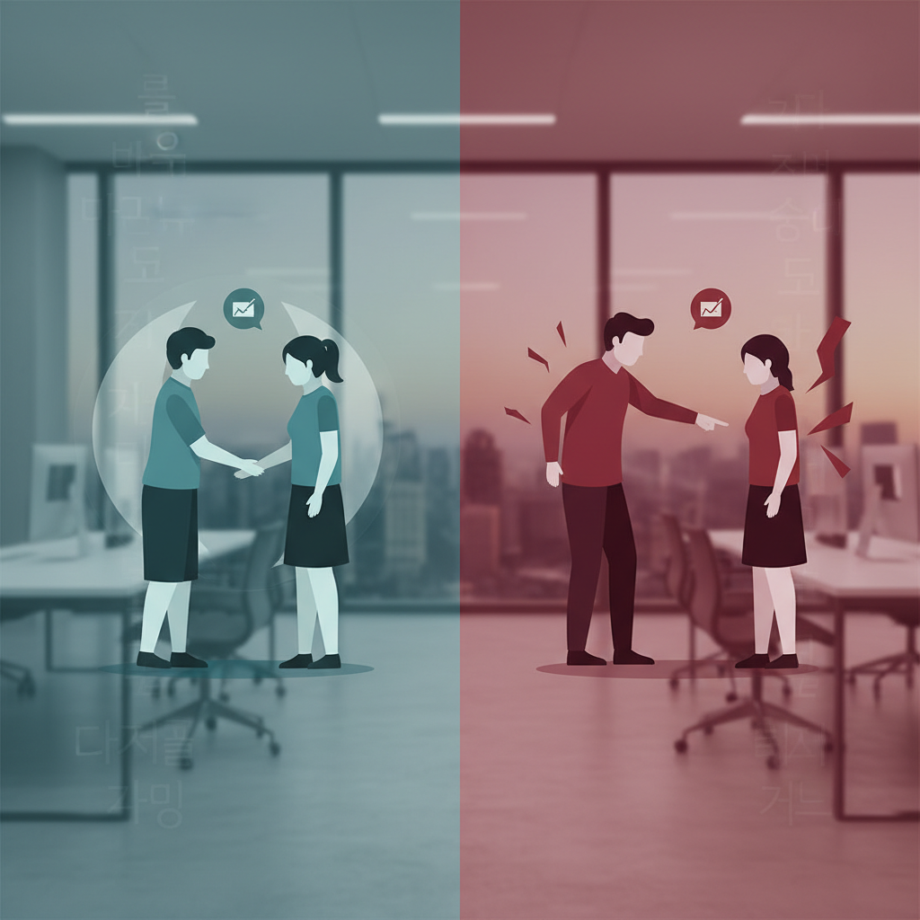 clean infographic showing a split situation of double standards, one side forgiving, the other judgmental, modern Korean office background, no text.