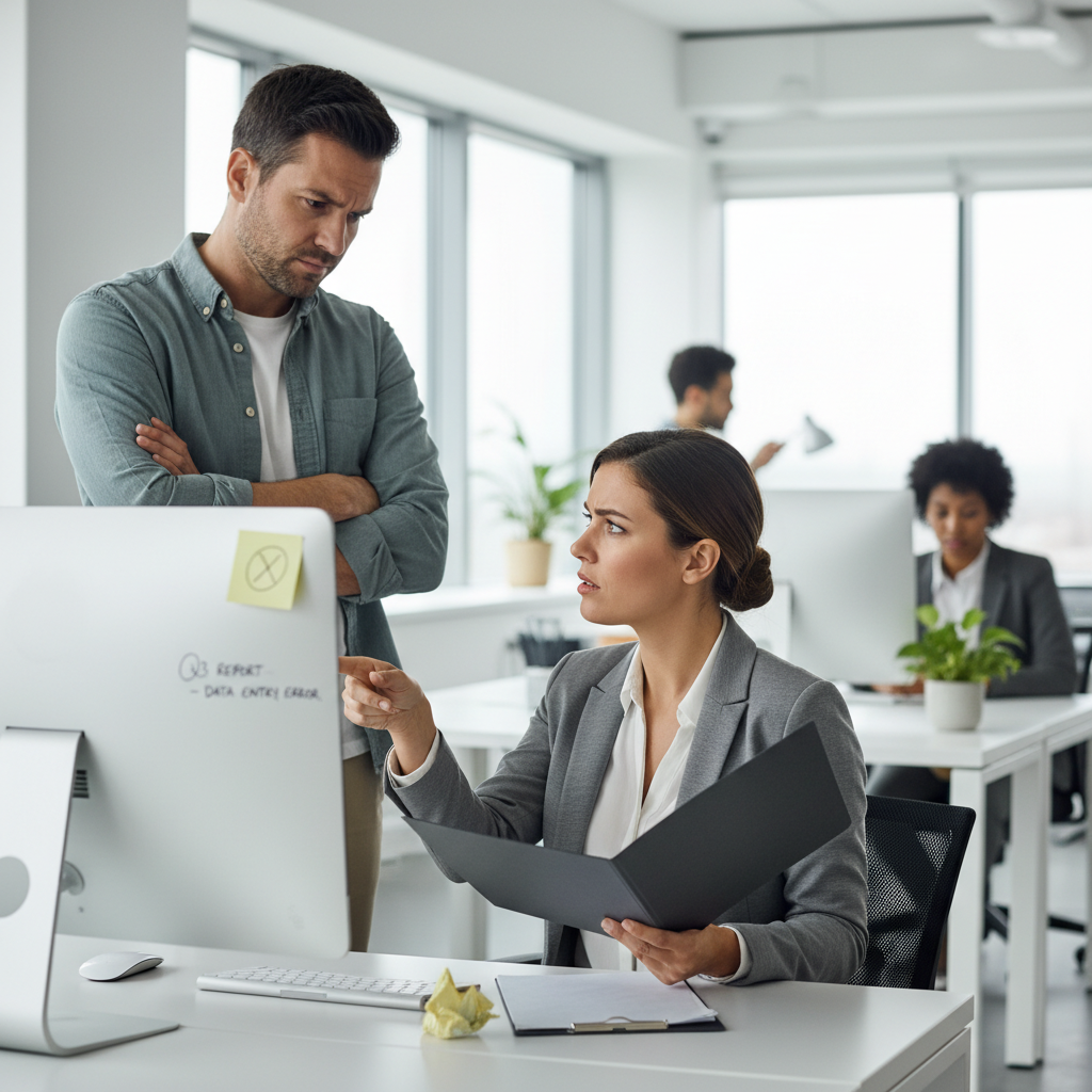 lifestyle photography of two coworkers having a disagreement about the same mistake, showing hypocrisy subtly, natural office lighting, no text.