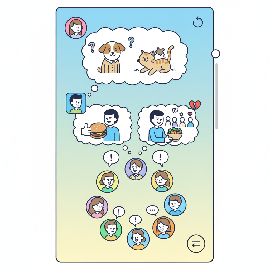 illustration of Korean social media screen with people discussing double standards, bright tones, clean comic style, no text.