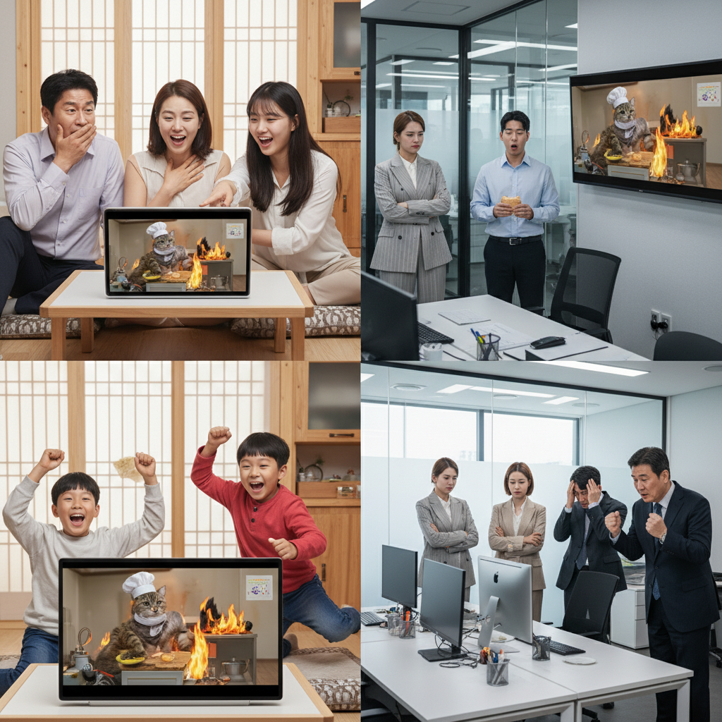 realistic scene of family and coworkers showing different reactions to same situation, modern Korean home and office mix, no text.
