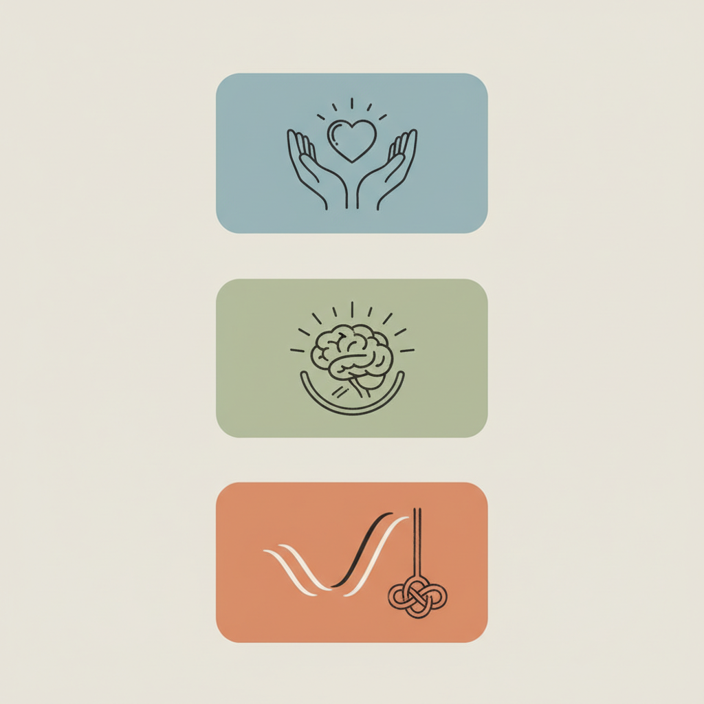clean infographic illustrating steps for avoiding double standards, empathy and reflection icons, minimal Korean design, no text.