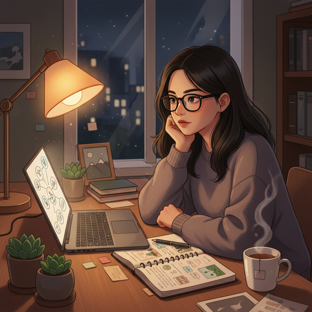 an illustration of a young Korean office worker sitting at a desk at night, planning life after resignation with a laptop and notebook, soft warm lighting, no text.