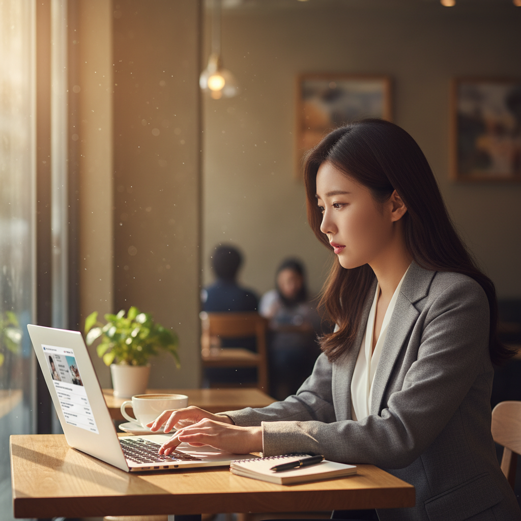 lifestyle photo of a Korean office worker secretly researching new career options on a laptop at a café, natural light, calm atmosphere, no text.