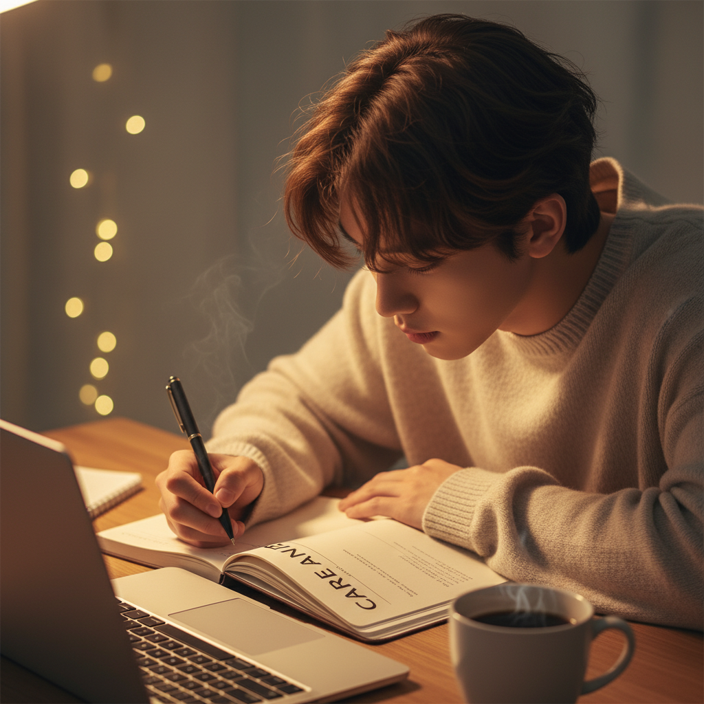 close-up of Korean young adult writing a plan in a notebook labeled “career plan”, desk with coffee and laptop, cozy lighting, lifestyle photo, no text.