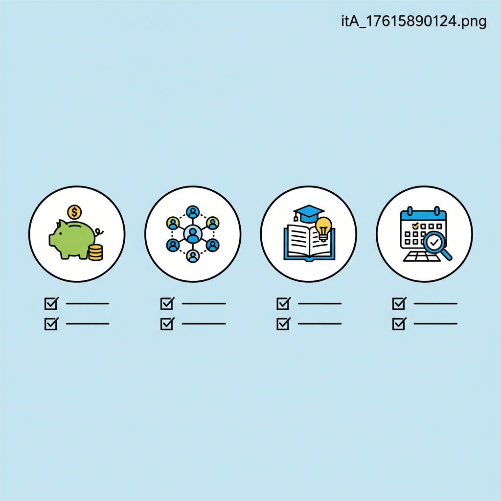 clean infographic showing checklist items for preparing to resign, like savings, networking, learning, and planning, modern flat design, no text.