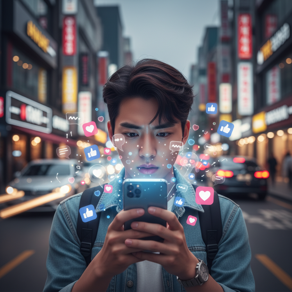 A young Korean person looking intently at a smartphone, surrounded by glowing likes and comments, indicating a strong desire for attention and validation. The background is a bustling urban setting with a soft focus. Style: lifestyle photography. No text.