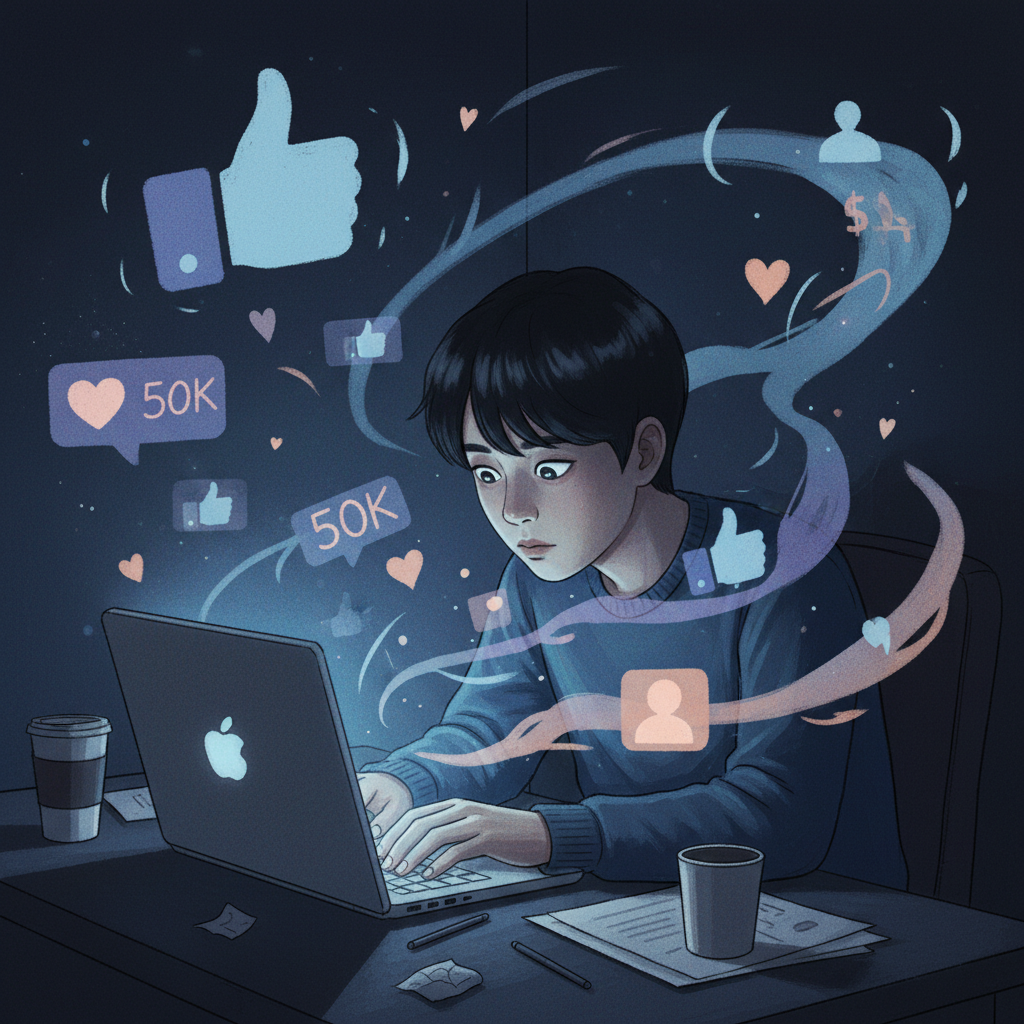 A Korean person sitting alone in a dimly lit room, illuminated by the glowing screen of their laptop or phone, surrounded by abstract representations of social media icons like likes and follower counts, suggesting an unhealthy preoccupation with online validation. Style: illustration with a slightly melancholic mood. No text.