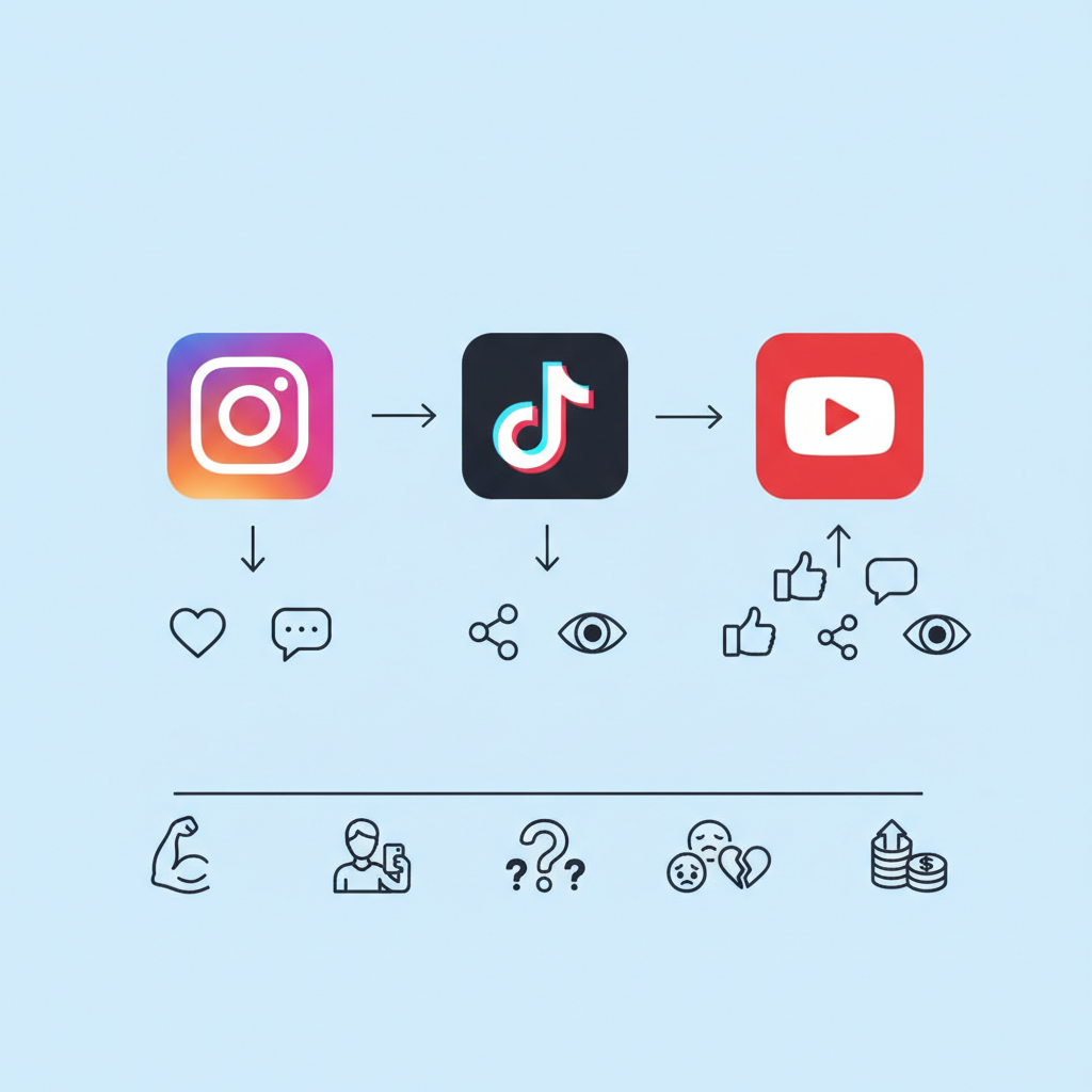 An infographic illustrating various modern social media platforms (like Instagram, TikTok, YouTube icons) with arrows pointing to different types of engagement: likes, comments, shares, and views. Below, smaller icons represent different forms of 'attention-seeking' behavior or content trends. The overall style is clean and informative. No text.
