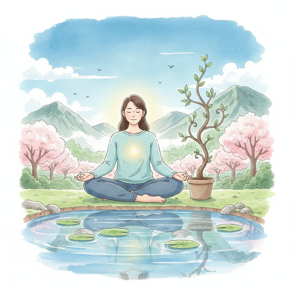 A serene Korean person practicing mindfulness or meditation outdoors, with elements symbolizing self-growth (e.g., a growing plant) and inner peace (e.g., calm water, clear sky). The person is not focused on a screen but on their internal state. Style: peaceful illustration with natural colors. No text.