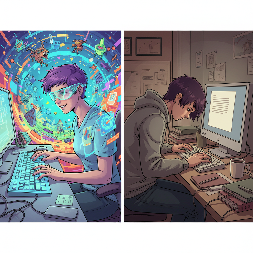 A split image showing two distinct scenes: on one side, a person confidently typing on a glowing keyboard in a vibrant, futuristic online world setting; on the other side, the same person looking hesitant and shy in a mundane, realistic everyday environment, avoiding eye contact. Style: modern illustration, no text.