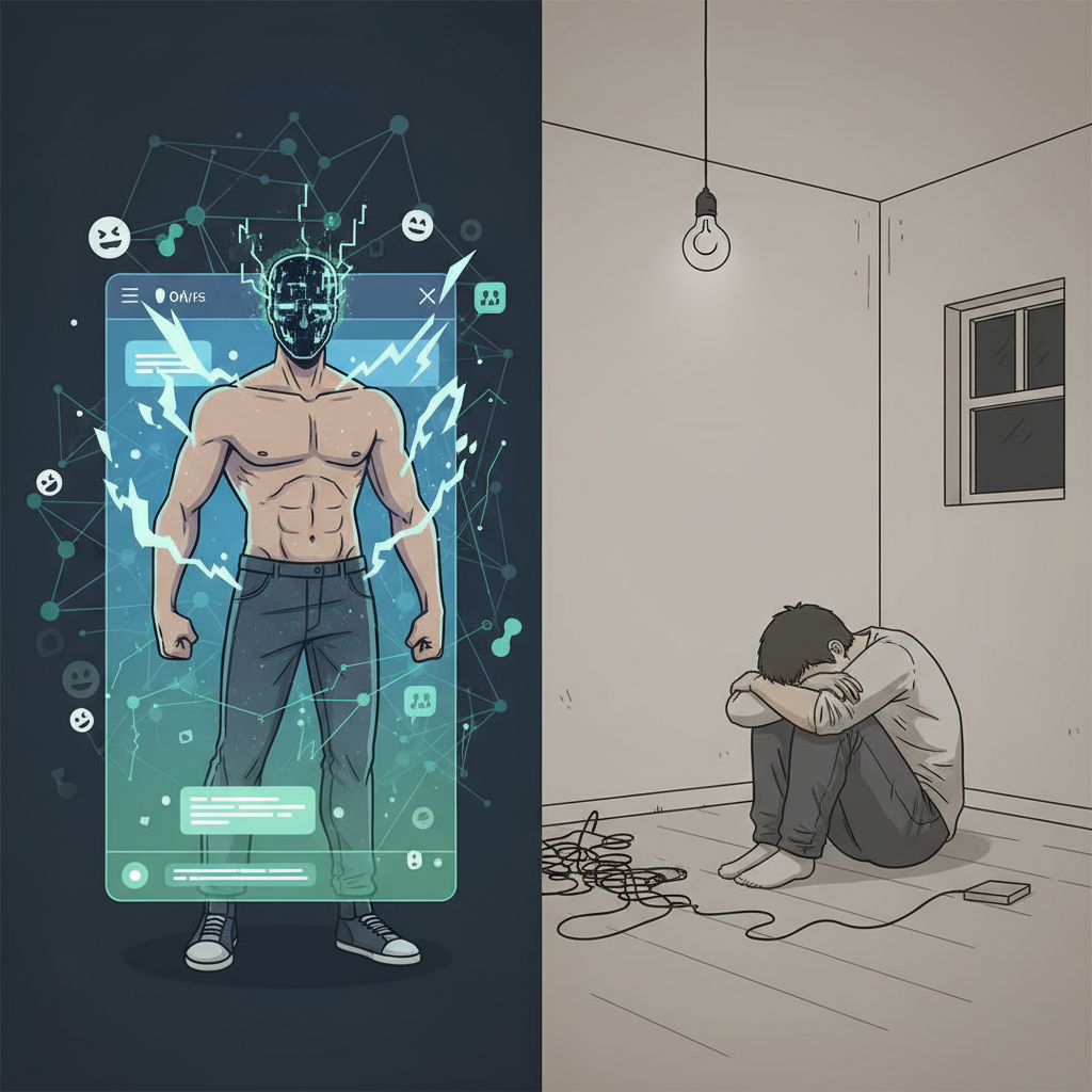 A person with a confident, almost aggressive posture in a digital, glowing online chat interface on one side, and the same person looking small, insecure, and isolated in a realistic, muted grey-toned room on the other side. This contrast highlights the duality of '현피주의'. Style: character illustration with symbolic elements, no text.