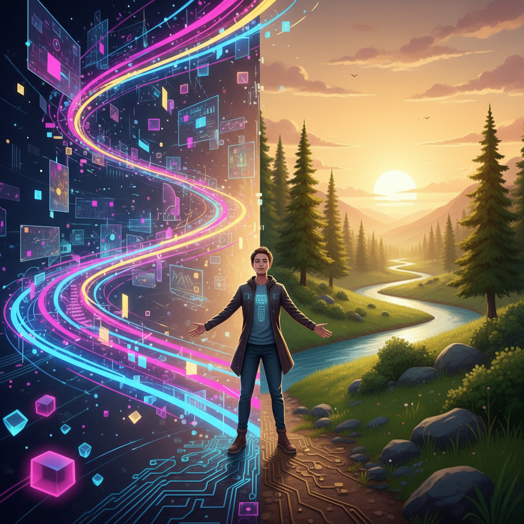 A person standing confidently at a crossroads, with one path leading into a vibrant, interactive digital world (represented by glowing lines and abstract shapes) and the other leading into a serene, realistic natural landscape (trees, sun). The person is looking forward, suggesting balance and choice. Style: optimistic conceptual illustration, no text.
