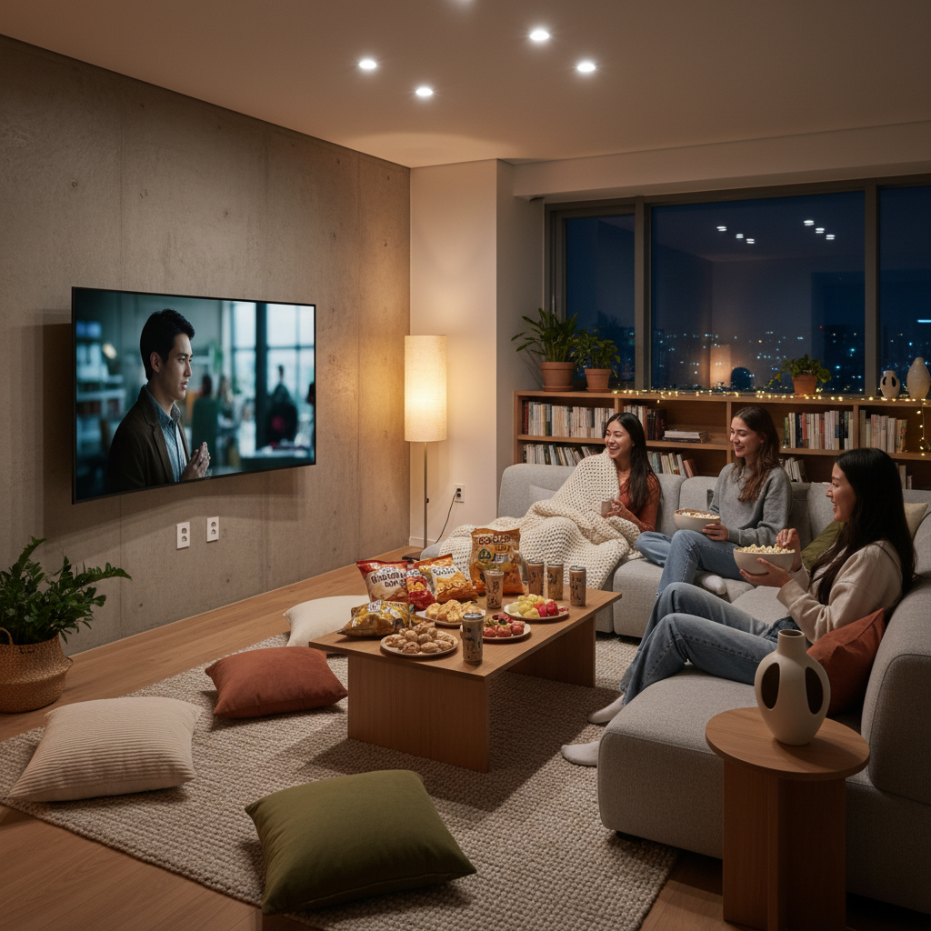 Modern Korean living room with friends watching movies, snacks and lights, cozy atmosphere, lifestyle photography, no text