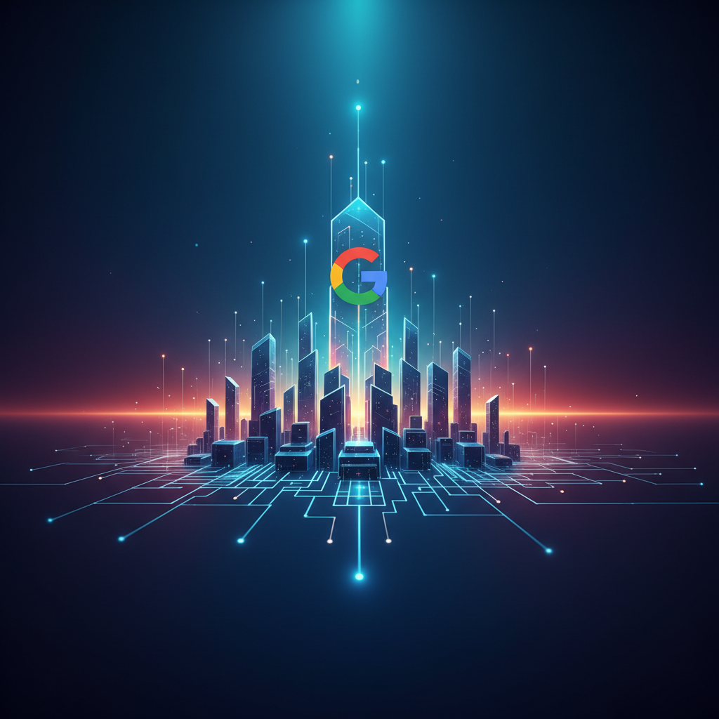 A clean infographic envisioning Google's future, featuring interconnected representations of AI, cloud computing, and advanced technology. Show a futuristic cityscape or digital network with the Google logo subtly integrated. Use a vibrant gradient background. Style: clean infographic, modern layout, high contrast. No visible text.