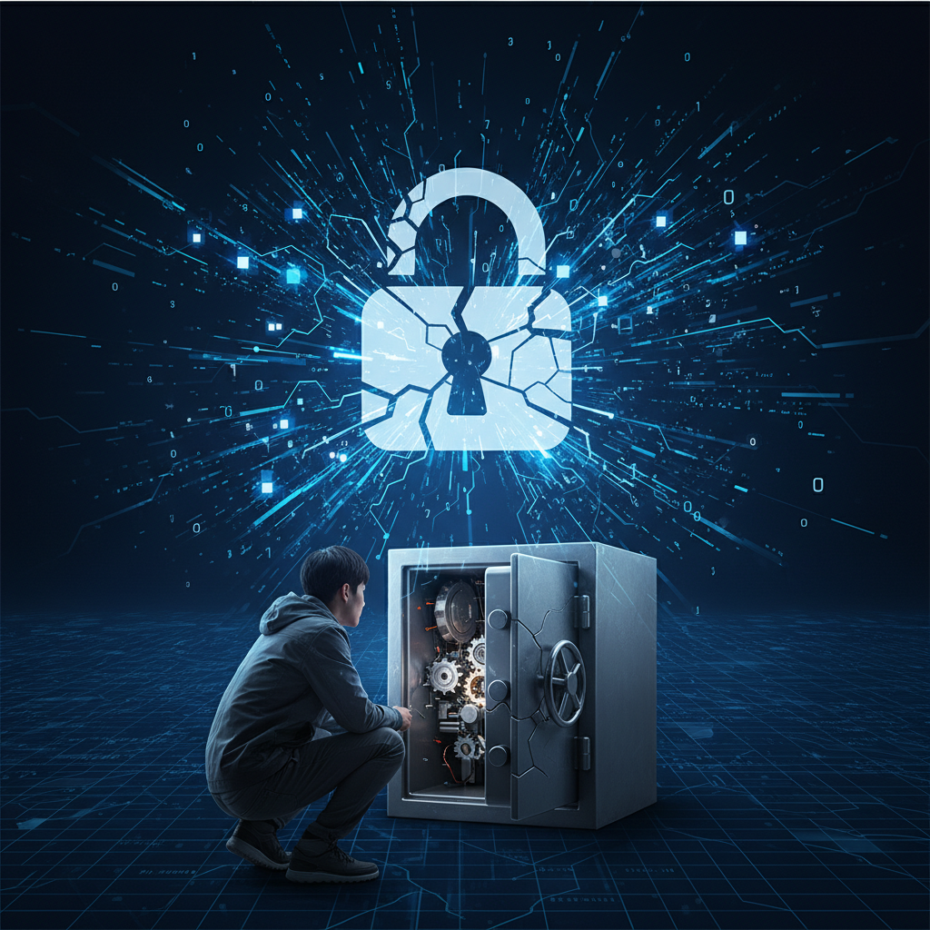 clean infographic, modern layout, high contrast. A broken padlock icon surrounded by digital bits and bytes, symbolizing cracked RSA encryption. A sense of digital chaos or vulnerability. A Korean person looking at a cracked safe box. Deep blue textured background. No visible text.