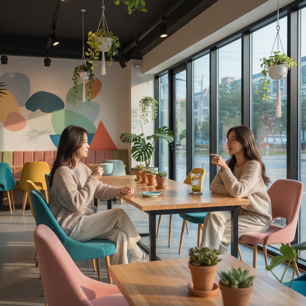 Young Korean people relaxing in a colorful modern cafe, chatting casually with drinks, bright afternoon natural light streaming through large windows, warm and inviting atmosphere, lifestyle photography, candid moments, vibrant interior design with plants, no text in image