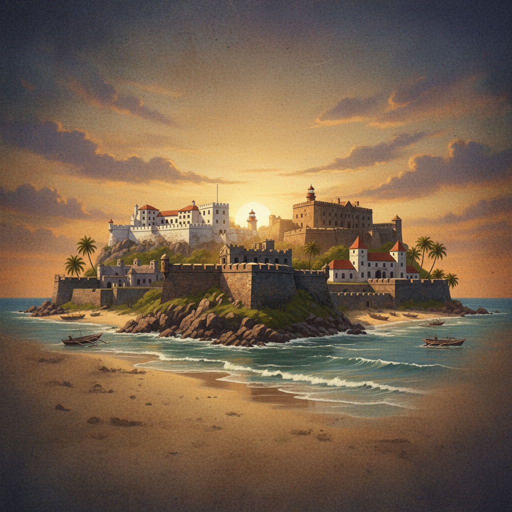 illustration, artistic rendering, textured background, a collection of different historic forts along the Ghanaian coast, showing varied architectural styles from European powers, under a warm, late afternoon sun. No visible text in image. Never use Korean characters. Style: illustration, artistic rendering, textured background. Background: colored/gradient/textured background. Lighting: Bright, balanced lighting. Centered focus, visually rich, no empty margins.