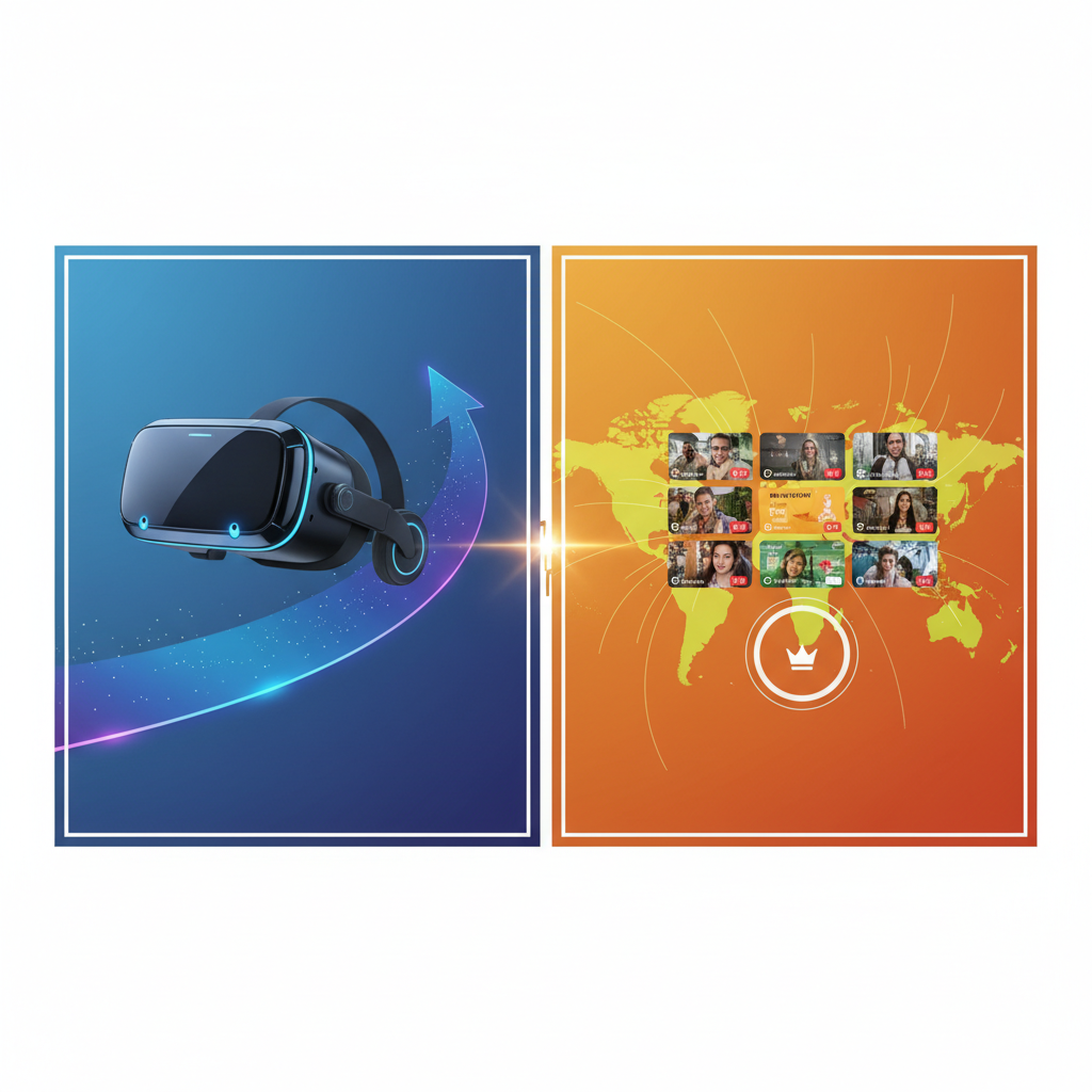 A split image or infographic. On one side, a sleek, standalone virtual reality headset is depicted on its own path, suggesting independent development. On the other side, a vibrant short-form video platform interface dominates a global map, signifying worldwide market leadership. Clean infographic, modern layout, high contrast. No text. Colored gradient background, visually rich, centered focus.