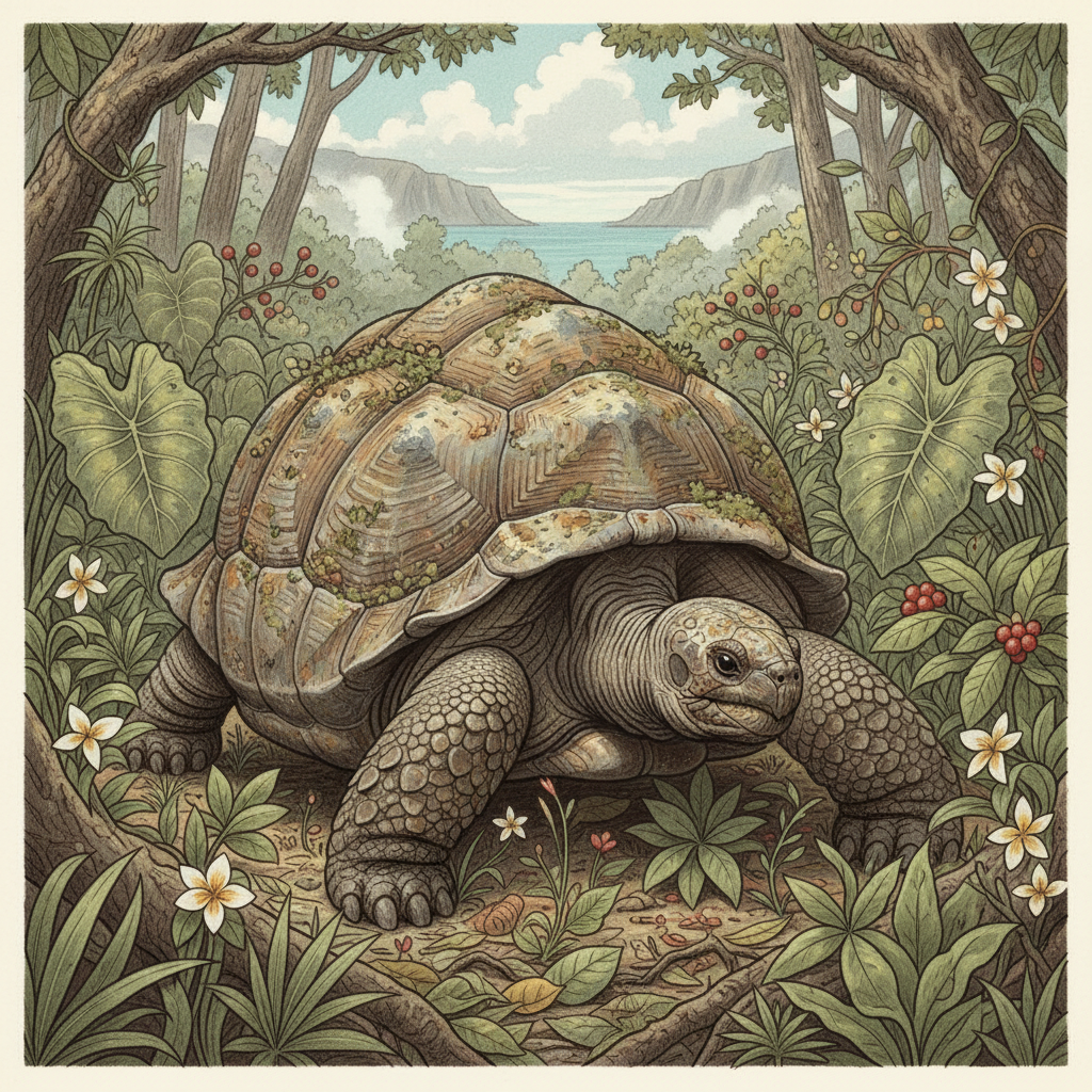 A serene illustration of a Galápagos giant tortoise slowly moving through lush green vegetation on one of the islands. Detailed rendering, textured background, natural lighting. Style: illustration. No text.
