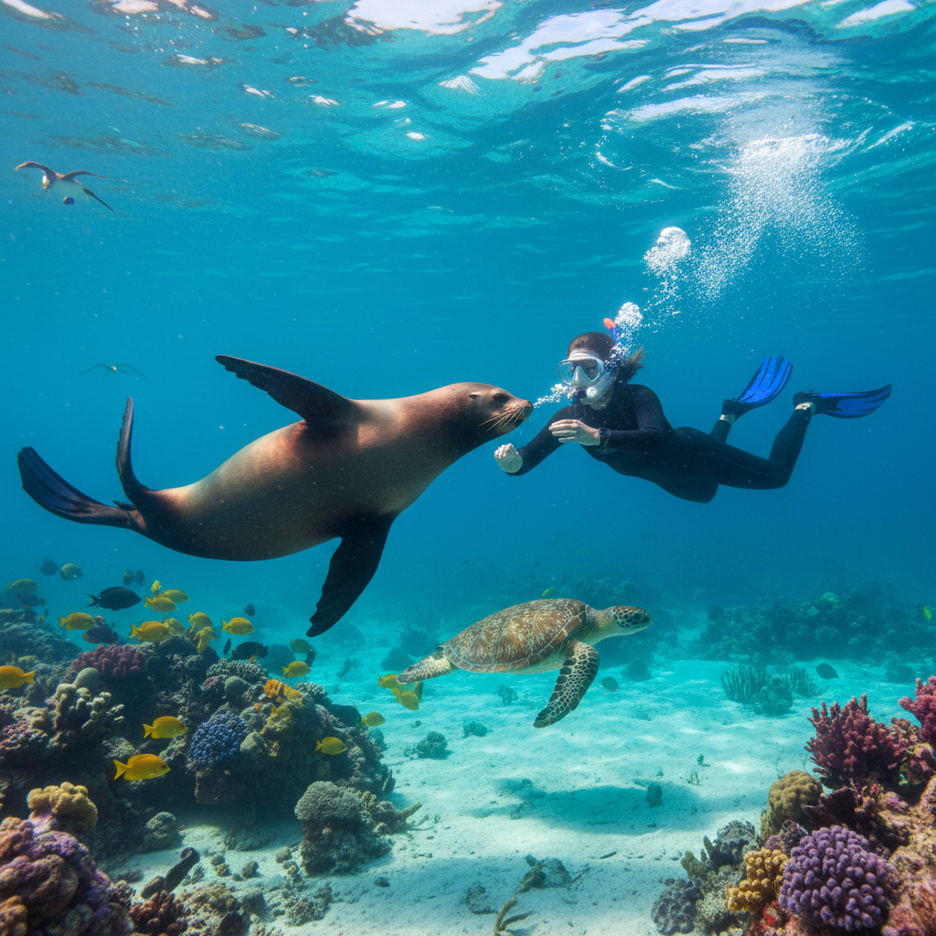 A vibrant underwater scene in the Galápagos Islands, showing a playful sea lion swimming alongside a person snorkeling. Clear blue water, sunlight filtering through, and colorful marine life in the background. Style: lifestyle photography. No text.