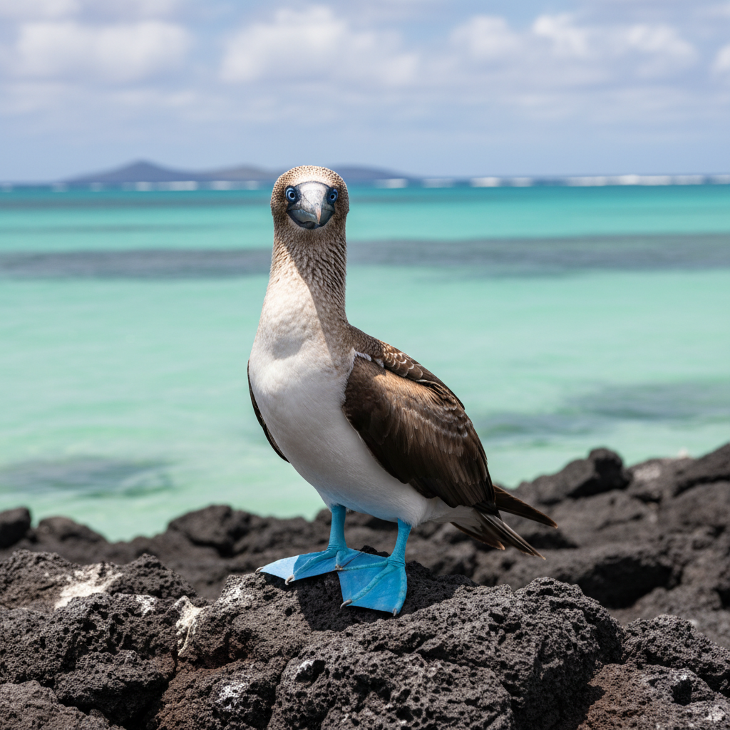 A captivating shot of a Blue-footed Booby in the Galápagos Islands, perched on volcanic rock with the clear ocean in the background. Emphasize its distinctive blue feet. Style: lifestyle photography. No text.