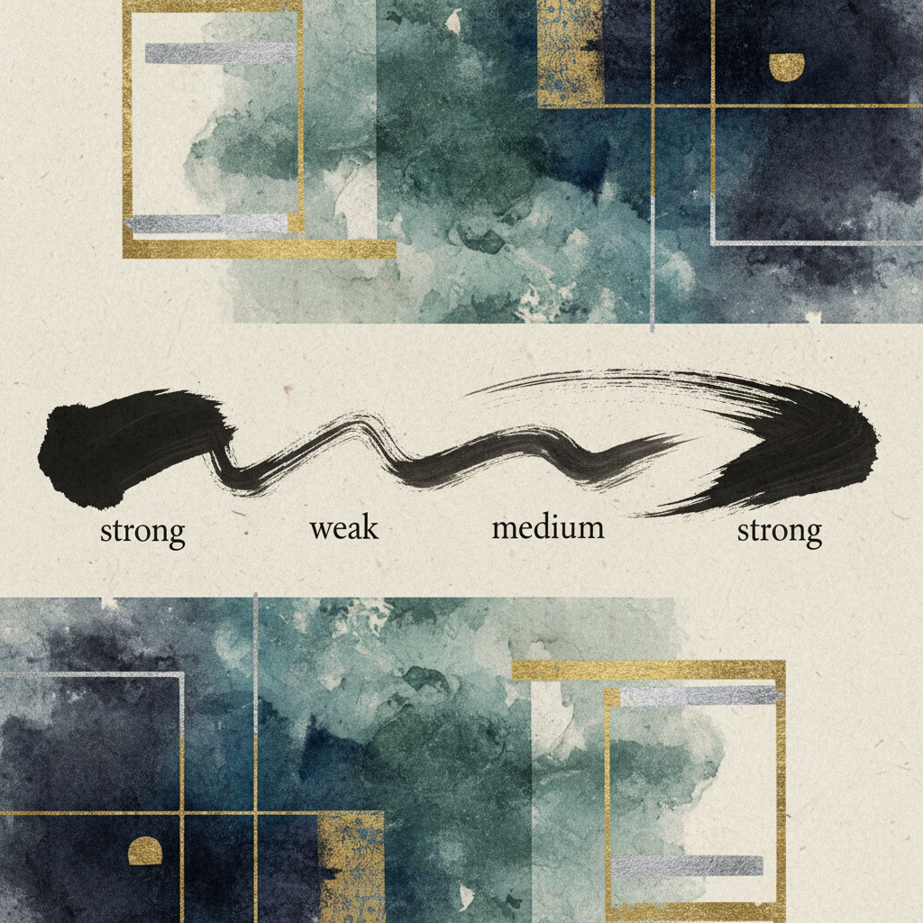 An artistic rendering of a calligraphic brushstroke illustrating the concept of strong, weak, medium, strong. Textured background, traditional yet modern aesthetic. No text.