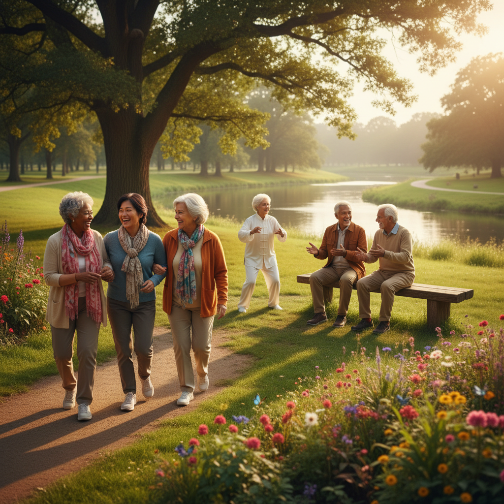 A diverse group of elderly people, looking vibrant and happy, engaged in various outdoor activities like walking in a park, laughing together, and enjoying nature. Emphasize their vitality and joy. Style: lifestyle photography, warm lighting, natural setting. No text.
