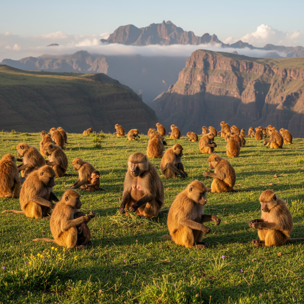 A large family of Gelada baboons grazing peacefully on a grassy plateau in Simien National Park. Focus on their social interaction and the scenic background. Style: wildlife photography, natural lighting, serene atmosphere. No text.