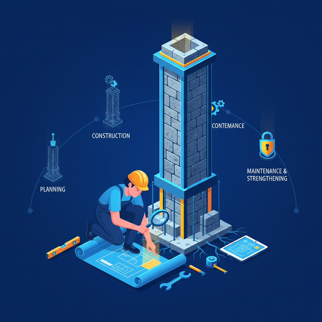 A detailed infographic showing a person meticulously checking the foundation and structure of a personal, strong tower, with elements like a blueprint, tools, and a progression timeline. Modern design, high contrast, colored background, no text.