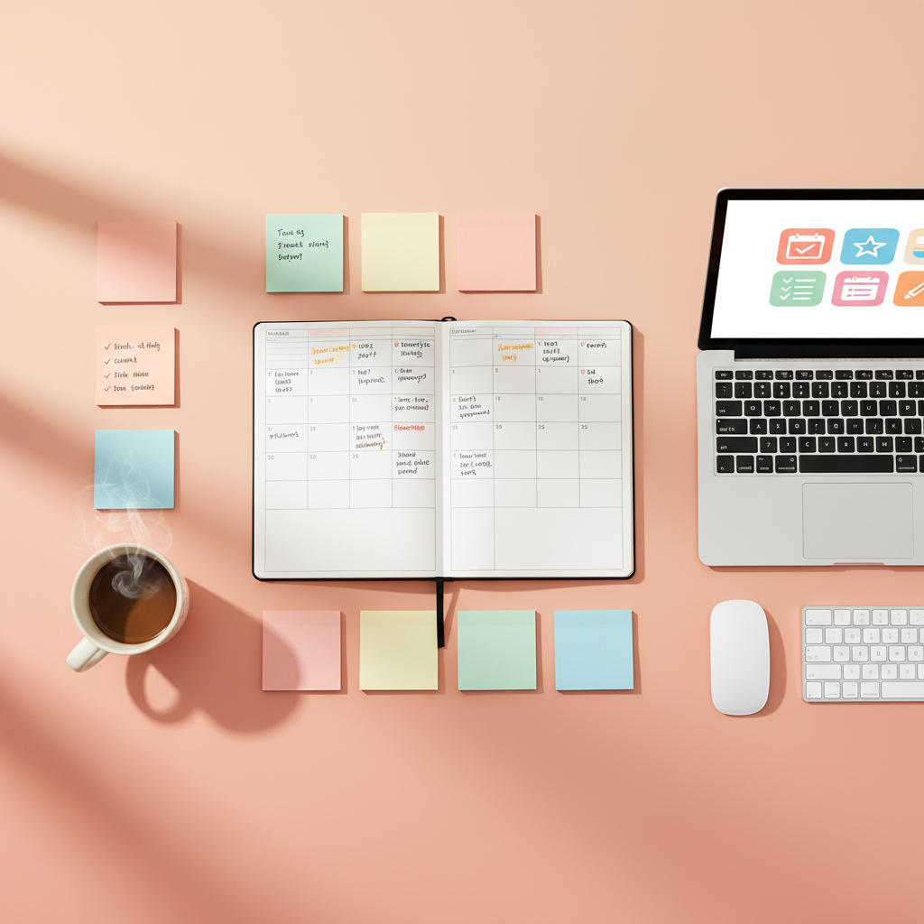 A neat desk setup with a daily planner, colorful sticky notes, coffee cup, and laptop showing productivity apps, top-down view, soft natural lighting from window, organized and inspiring workspace, lifestyle photography, pastel gradient background with warm tones, no text