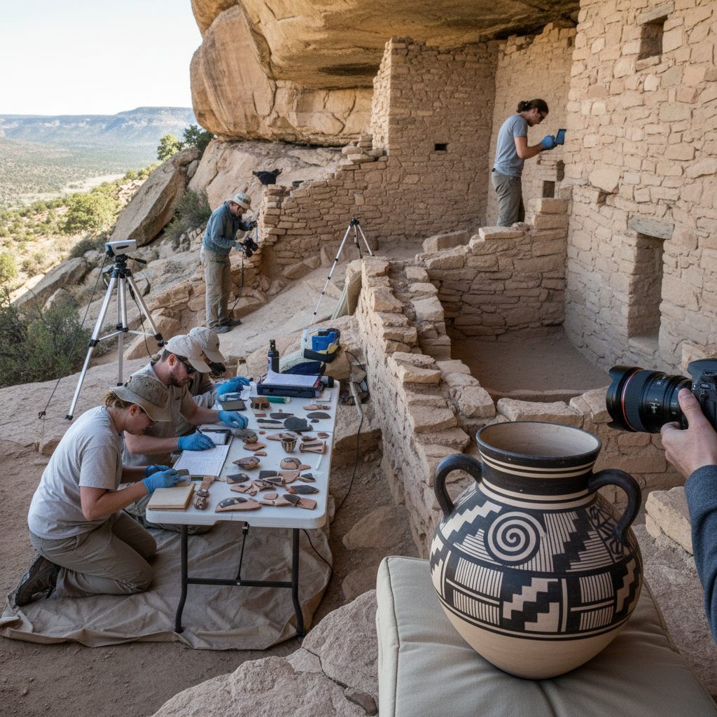 Archaeological preservation work at Mesa Verde showing careful restoration of ancient stone walls, conservators documenting pottery fragments and artifacts, scientific equipment and tools, detailed close-up of painted ceramic vessels with geometric designs, professional documentation in progress, natural outdoor lighting highlighting the delicate preservation process