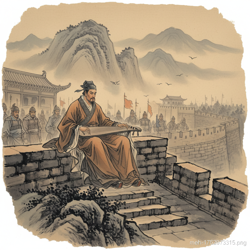 Ancient Chinese military strategy scene with a wise strategist playing guqin on city walls, soldiers in distance, misty mountain landscape, traditional ink painting style, warm amber and grey tones, atmospheric perspective, no text