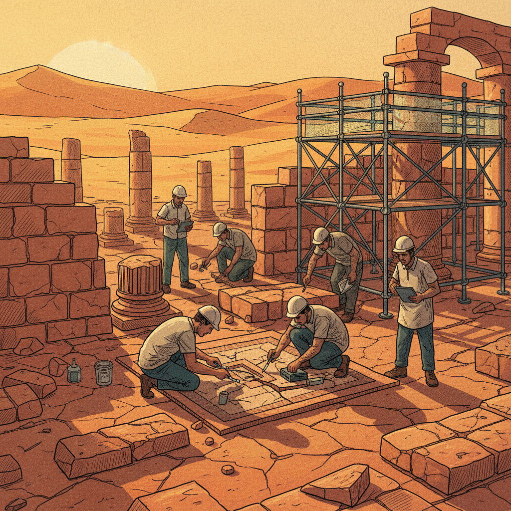 An illustration depicting archaeologists and conservationists meticulously working to preserve the ancient ruins of Abu Mena. Show them carefully examining structures and implementing modern conservation techniques against a textured desert background. Style: illustration, artistic rendering, textured background. No text.