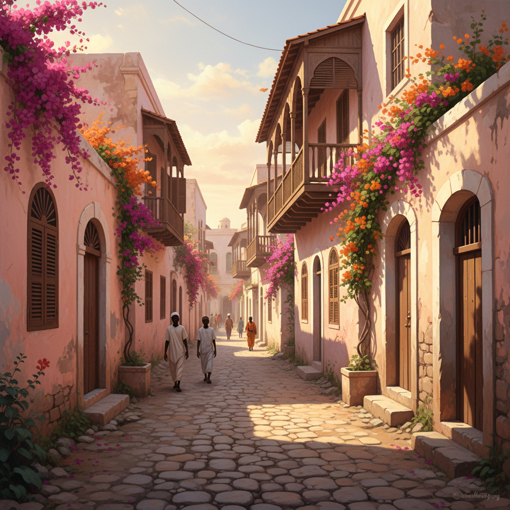 Colorful colonial architecture on Goree Island street, pastel pink and yellow buildings with wooden shutters, cobblestone narrow alley, bougainvillea flowers, warm afternoon sunlight, historical African coastal town atmosphere, artistic illustration with rich details, no text