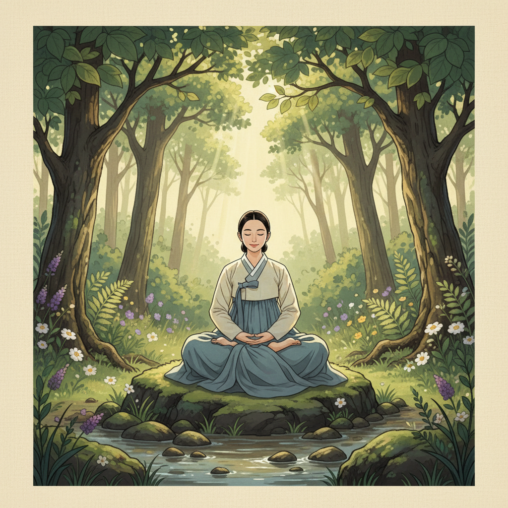 A beautiful illustration of a person practicing meditation in a tranquil forest setting, surrounded by tall trees and soft sunlight filtering through the leaves. The atmosphere is calm and serene. Style: artistic rendering, textured background. Bright, balanced lighting, centered focus. Korean appearance.