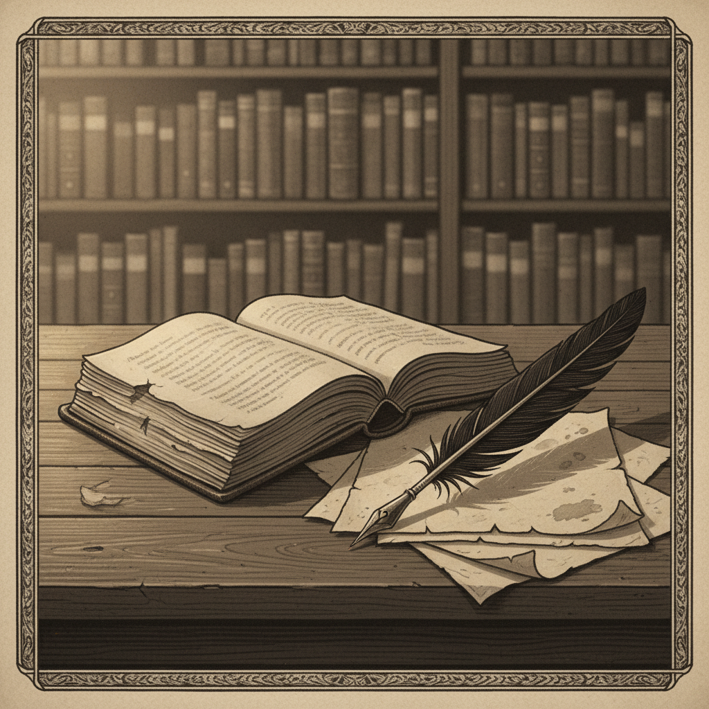 A vintage desk with an open classic literature book, a quill pen, and aged parchment paper. The setting is dimly lit with a single warm light source, creating a contemplative atmosphere reminiscent of 19th-century study. The background is blurred with bookshelves. Style: illustration, artistic rendering, textured background, with no empty margins. No text.