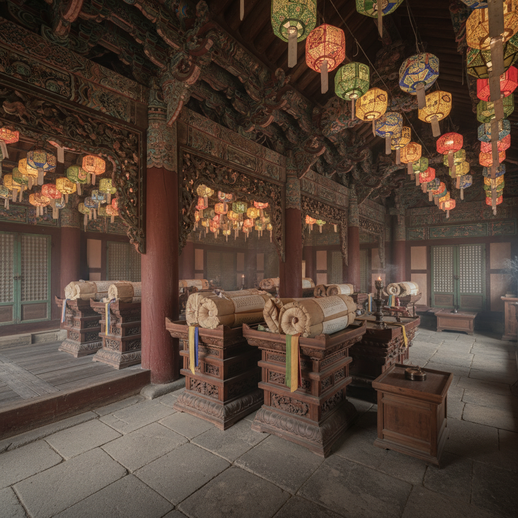 An ancient Buddhist temple interior with ornate wooden architecture, traditional lanterns casting warm light, and old scripture scrolls displayed on carved wooden stands. Atmospheric lighting with incense smoke, rich brown and gold tones, textured stone floor. Korean architectural style, serene atmosphere. No text.