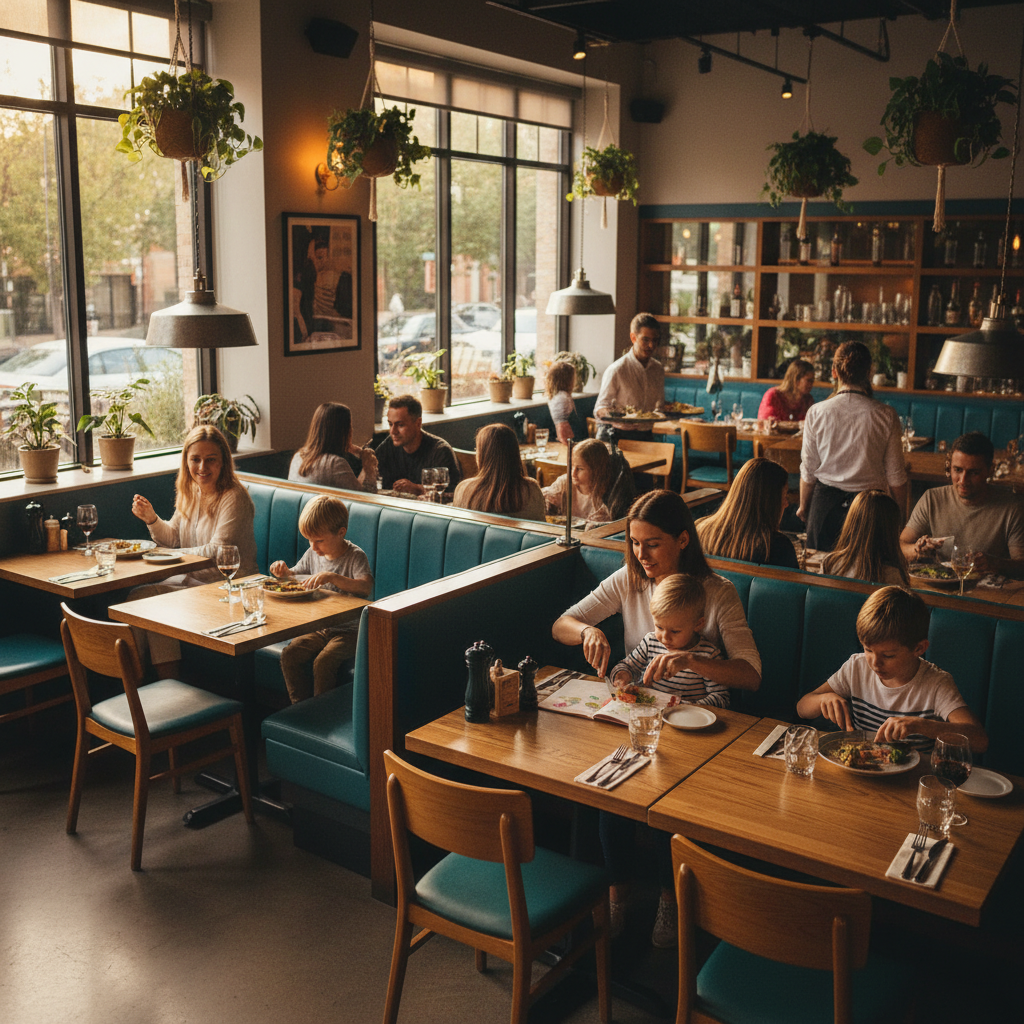 Busy restaurant interior scene with families dining, showing proper child supervision and considerate behavior. Warm lighting, natural atmosphere, teal and amber color palette, realistic photography style. Parents attentively caring for children while respecting other diners. No text.