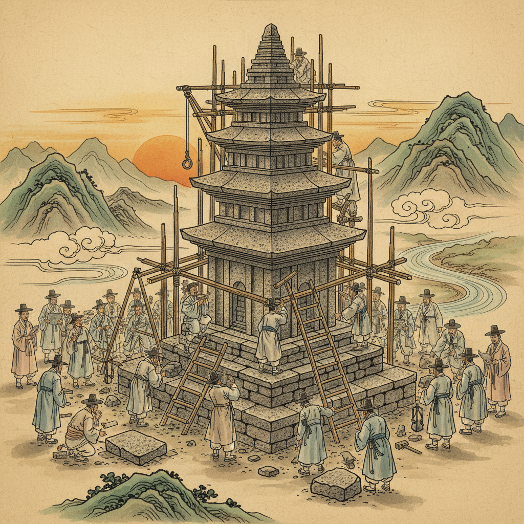 An artistic illustration of an ancient, grand stone tower being built with meticulous care by people in historical Korean attire. Textured background, warm lighting, no text.