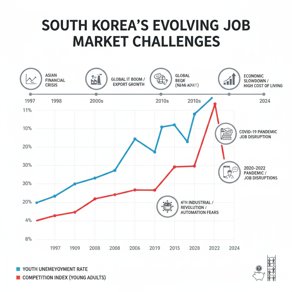 An infographic illustrating the historical evolution of the job market challenges in South Korea, from the late 1990s to the present. The graph shows increasing competition and unemployment rates among young people, with key economic events marked. Style: clean infographic. No text.