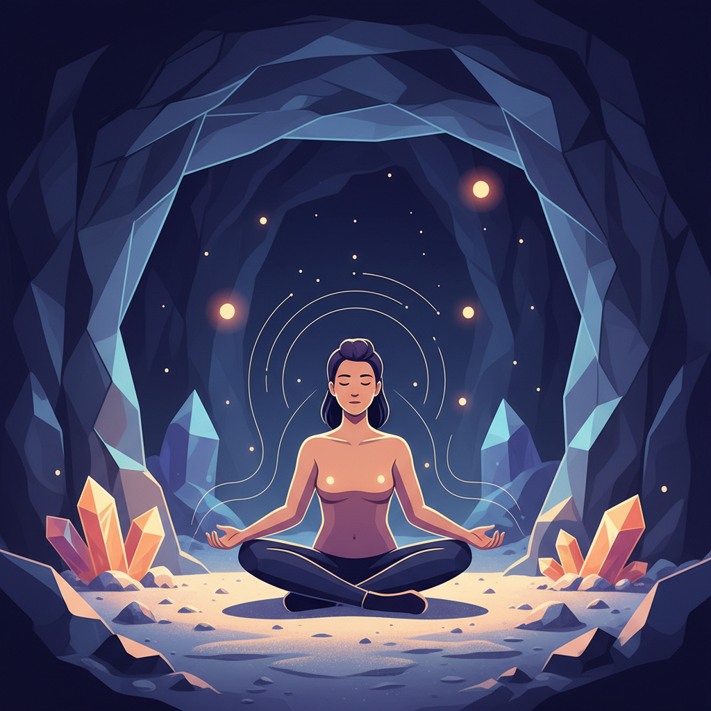 A clean infographic showing a person meditating or relaxing in a dimly lit, serene underground salt mine environment, with subtle glowing salt crystals in the background. Style: clean infographic, modern layout, high contrast. No visible text. No Korean characters. Colored background.