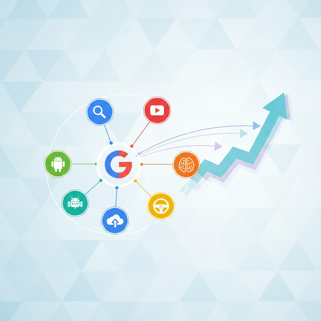 A clean infographic illustrating Google's (Alphabet's) diverse business segments: search, YouTube, Android, Google Cloud, AI, and autonomous driving. Use interconnected icons and a growth arrow with a textured background. Style: clean infographic, modern layout, high contrast. No visible text.